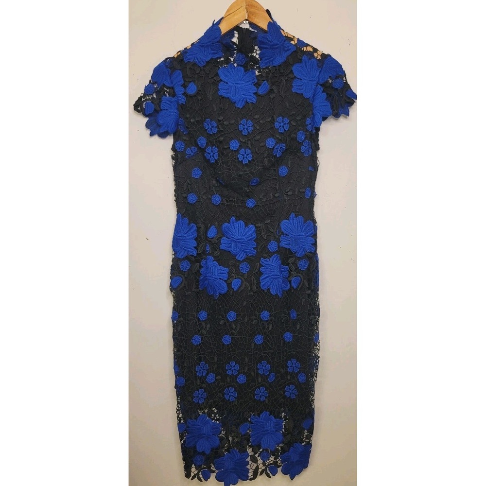 Laundry By Shelli Segal Women's Dress 4‎ S Crochet Mock Neck Black Electric Blue